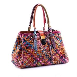 Multi-color Leather Hand-woven Satchel/Tote Purse